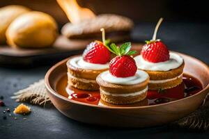 tre mini torte con fragole e crema su un' di legno piatto. ai-generato foto