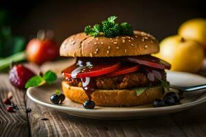 un' Hamburger con bbq salsa e verdure su un' piatto. ai-generato foto