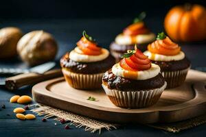 cupcakes con crema formaggio glassa e zucca su un' di legno taglio tavola. ai-generato foto