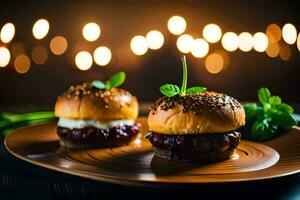 Due mini hamburger su un' piatto con luci nel il sfondo. ai-generato foto