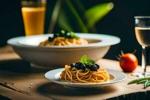 spaghetti con mirtilli e pomodori su un' piatto. ai-generato foto