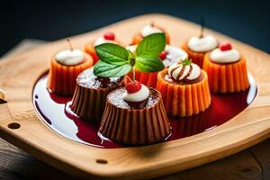 un' di legno piatto sormontato con piccolo dolci. ai-generato foto