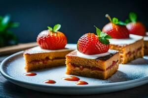 tre pezzi di torta con fragole su un' piatto. ai-generato foto