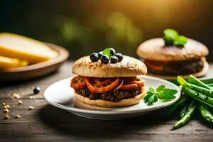 Due hamburger con pomodori e formaggio su un' piatto. ai-generato foto