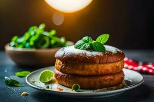 un' piatto con un' Sandwich e alcuni verde insalata. ai-generato foto