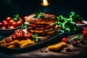 un' Hamburger con verdure e pomodori su un' di legno tavolo. ai-generato foto
