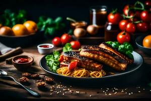 grigliato salmone con pasta e pomodori su un' buio di legno tavolo. ai-generato foto