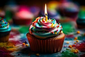 un' Cupcake con un' illuminato candela su superiore. ai-generato foto