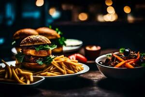 un' piatto di francese patatine fritte e un' hamburger su un' tavolo. ai-generato foto