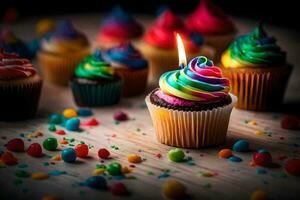 un' Cupcake con un' arcobaleno colorato candela. ai-generato foto