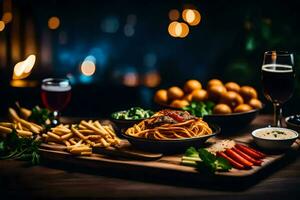 un' di legno tavolo con pasta, patatine fritte e birra. ai-generato foto