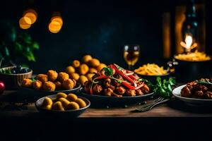 un' tavolo con cibo e candele. ai-generato foto