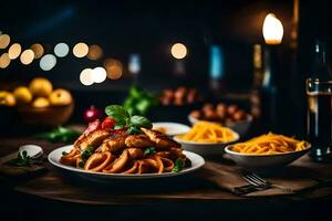 un' piatto di pasta con carne e verdure su un' tavolo. ai-generato foto