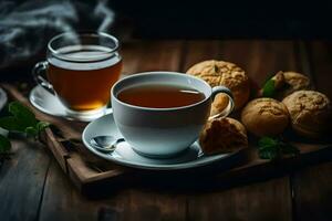 un' tazza di tè e biscotti su un' di legno tavolo. ai-generato foto