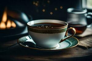 un' tazza di tè su un' di legno tavolo. ai-generato foto