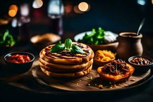 un' piatto di cibo con pane e salsa. ai-generato foto