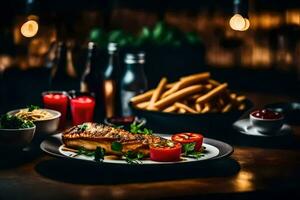 un' piatto di cibo con francese patatine fritte e pomodori. ai-generato foto