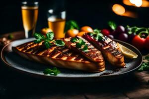 grigliato salmone su un' piatto con verdure e vino. ai-generato foto