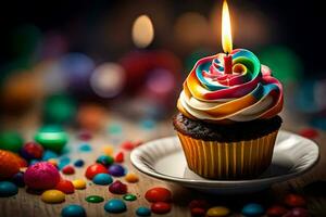 un' Cupcake con un' colorato candela su superiore. ai-generato foto