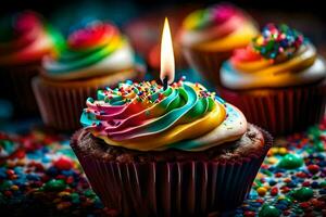 un' Cupcake con un' candela su superiore e colorato spruzzatori. ai-generato foto