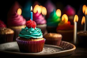 un' Cupcake con un' candela su superiore e colorato candele. ai-generato foto