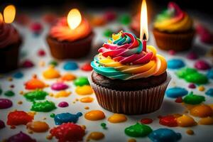 un' Cupcake con un' candela su superiore e colorato spruzzatori. ai-generato foto