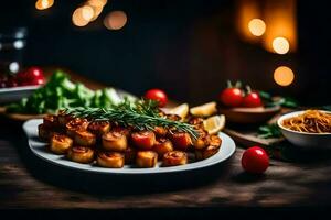 un' piatto di cibo con pomodori, formaggio e erbe aromatiche. ai-generato foto