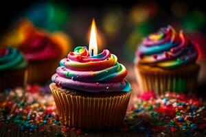 un' Cupcake con un' arcobaleno colorato candela. ai-generato foto
