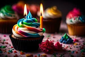 un' Cupcake con un' arcobaleno glassa e Due candele. ai-generato foto