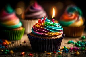 un' Cupcake con un' illuminato candela su superiore di un' tavolo. ai-generato foto