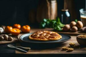 un' piatto con un' Pasticcino su esso e alcuni verdure. ai-generato foto