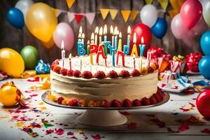 un' compleanno torta con candele su esso e palloncini. ai-generato foto