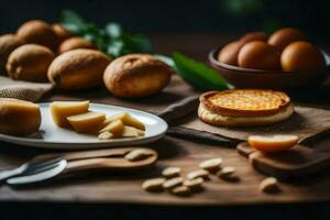 vario Alimenti Compreso uova, formaggio e pane su un' tavolo. ai-generato foto