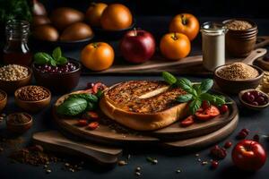 Alimenti su un' di legno tavola con spezie e frutta. ai-generato foto