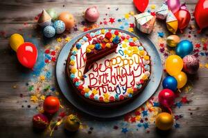 un' compleanno torta con il parola contento compleanno scritto su esso. ai-generato foto