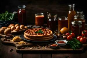 Pizza, salsa, e altro ingredienti su un' di legno tavolo. ai-generato foto