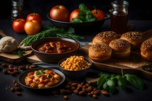 un' varietà di cibo elementi Compreso pane, fagioli, pomodori e altro ingredienti. ai-generato foto