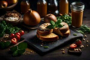 Alimenti su un' di legno tavolo. ai-generato foto