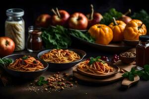 spaghetti con Polpette e verdure su un' buio tavolo. ai-generato foto