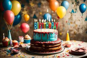 un' compleanno torta con candele su superiore e palloncini. ai-generato foto