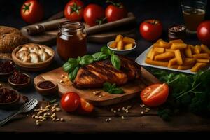 un' varietà di cibo Compreso pollo, pane, pomodori e altro ingredienti. ai-generato foto