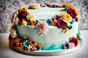 un' torta decorato con colorato fiori. ai-generato foto