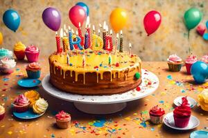 un' compleanno torta con candele su superiore e palloncini. ai-generato foto