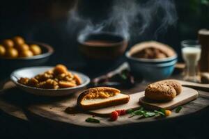 un' tavolo con pane, latte e spezie. ai-generato foto