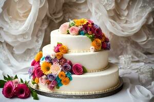 un' tre stanco torta con colorato fiori su superiore. ai-generato foto