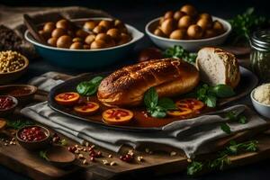 un' piatto con un' pagnotta di pane, carne e verdure. ai-generato foto