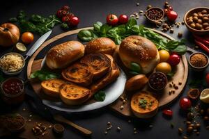 vario tipi di pane su un' taglio tavola. ai-generato foto