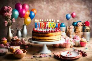 un' compleanno torta con candele su superiore e palloncini. ai-generato foto