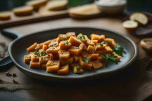 un' piatto di dolce patate con erbe aromatiche e aglio. ai-generato foto