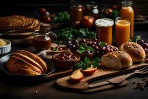 un' tavolo con pane, frutta, e altro cibo. ai-generato foto